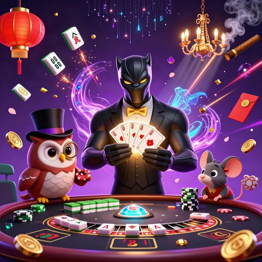 Panther dealer, owl gambler, and mouse amid neon casino magic, lanterns, coins, and a spinning roulette wheel.