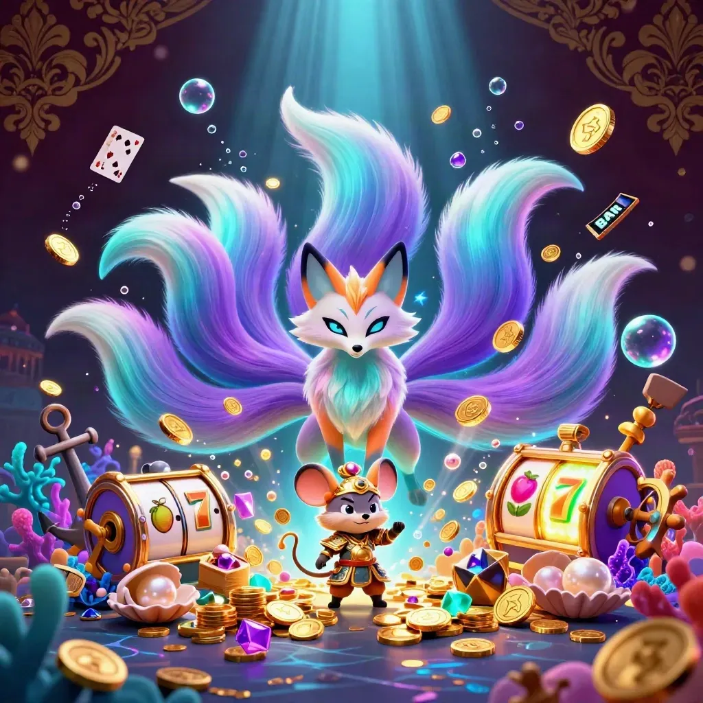 Nine-tailed fox spirit and samurai mouse in a glowing treasure cove with casino icons