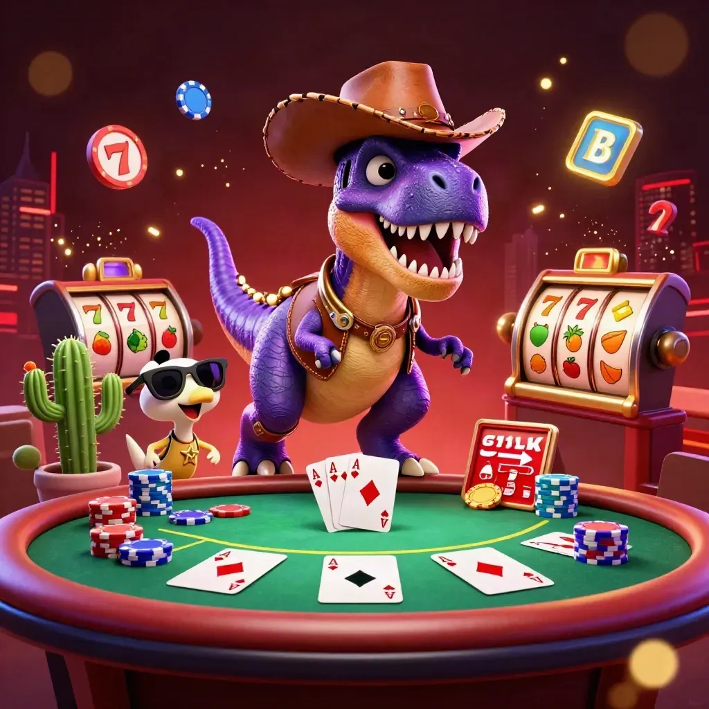 Cowboy T-Rex, cactus and roadrunner burst around poker chips in neon casino key art.