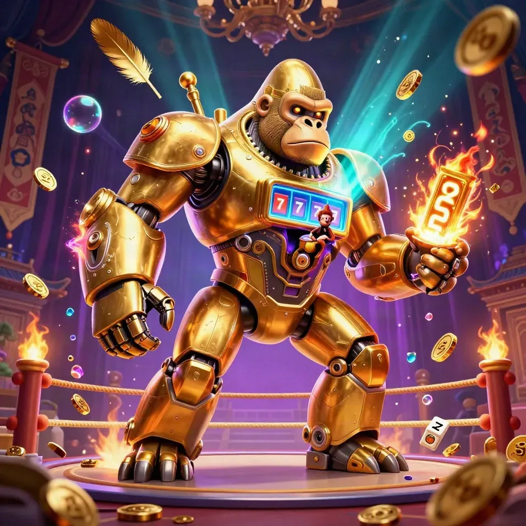 Golden gorilla mech with tiny monkey pilot bursts through temple treasure, cyan glows and coins flying.