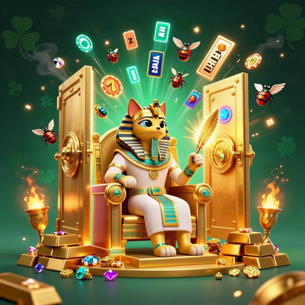 Pharaoh cat on a throne, ibis scribe, gem-wing scarabs, and bursting treasure in neon casino style.