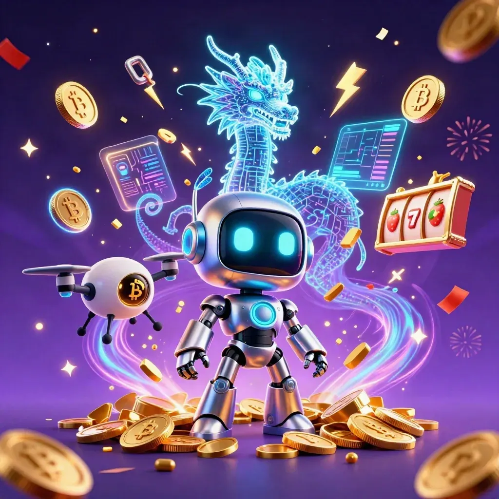 Cyberpunk robot, holographic dragon, and coin drone amid exploding gold coins, fireworks, and neon casino effects.