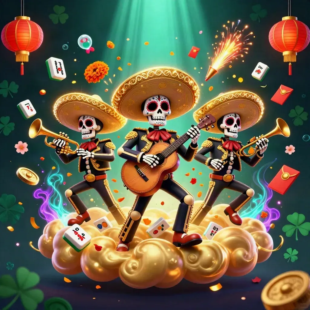 Three neon Day-of-the-Dead mariachi skeletons amid gold clouds, coins, lanterns and slot sparks.