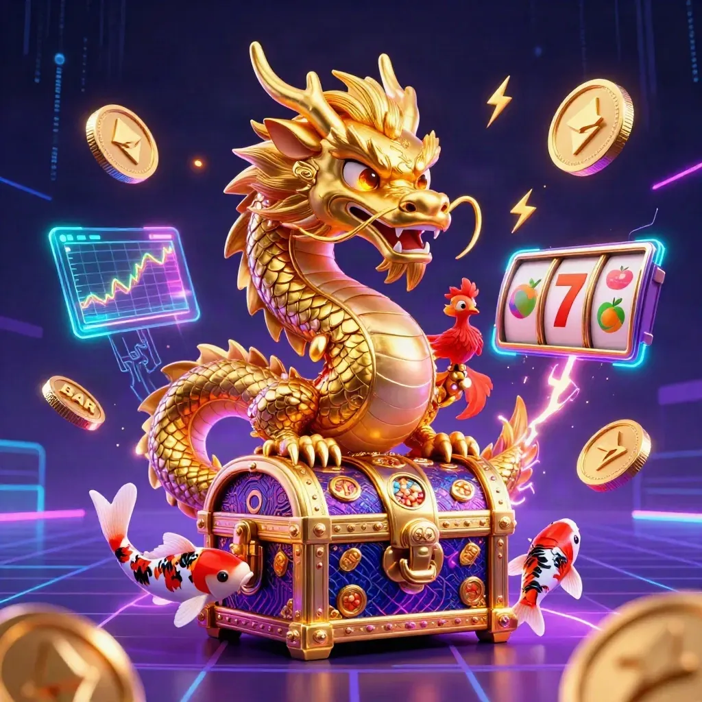 Golden dragon with phoenix and koi amid neon casino coins on a dark sci-fi backdrop.