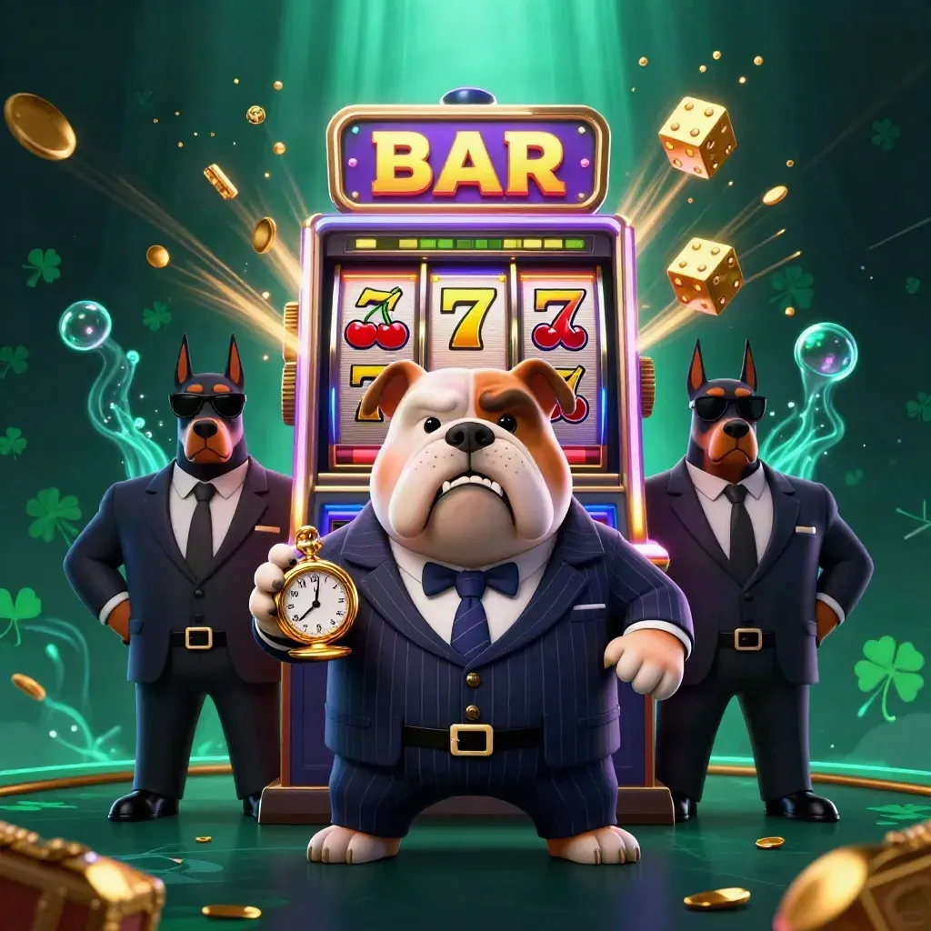 Bulldog mafia boss and two Dobermans amid exploding slot machine jackpots and gold