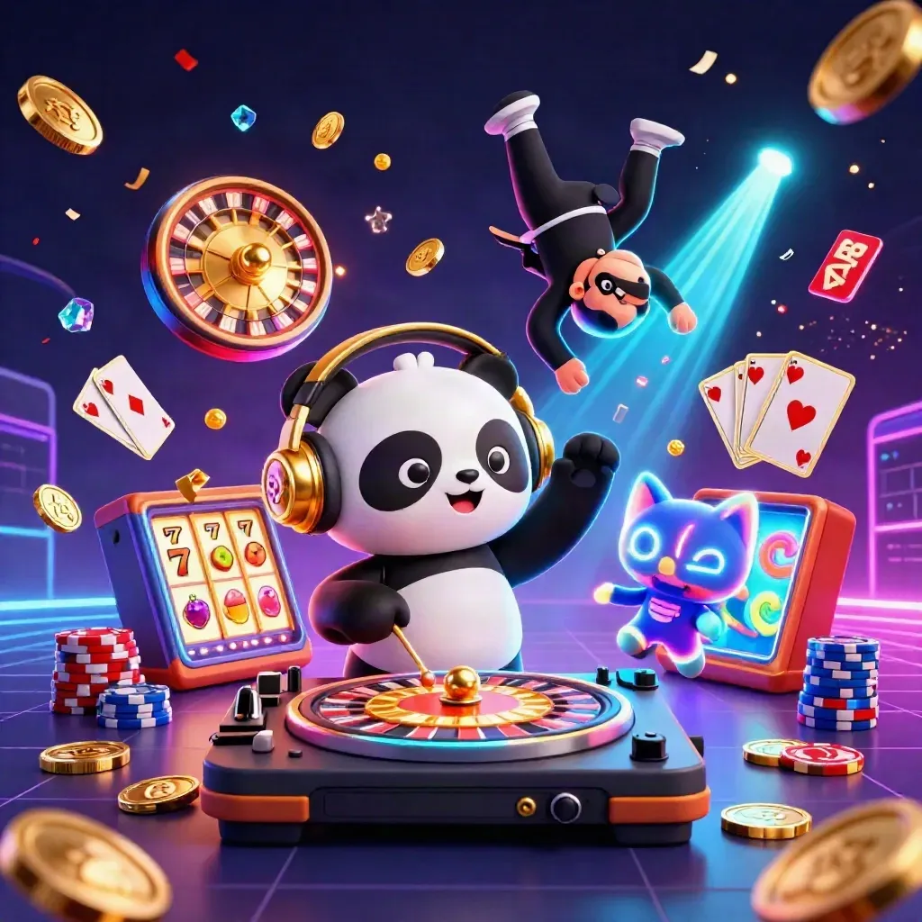 DJ panda, monkey, and glow kitten blasting casino gold coins and neon energy