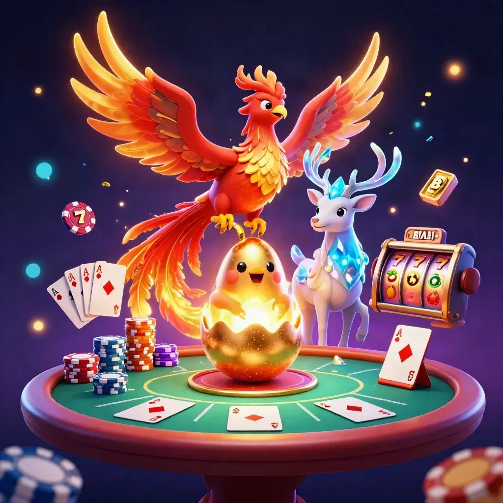 Phoenix, baby phoenix, and crystal stag amid cards, chips, reels, and golden sparkles.