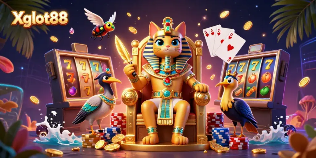 Xgslot88 menghadirkan keseruan slot dengan ilustrasi 3D kucing firaun di tahta emas.
