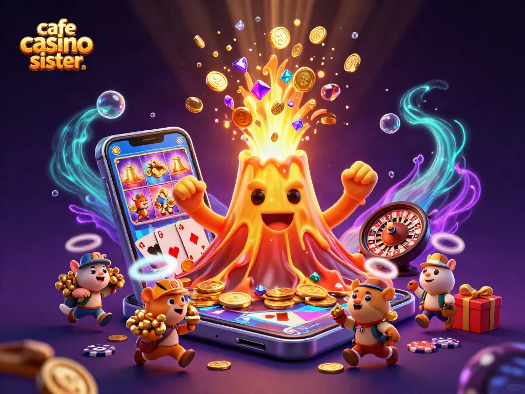 Cafe casino sister casinos offer thrilling gameplay with a golden volcano spewing coins and gems amidst vibrant casino games.