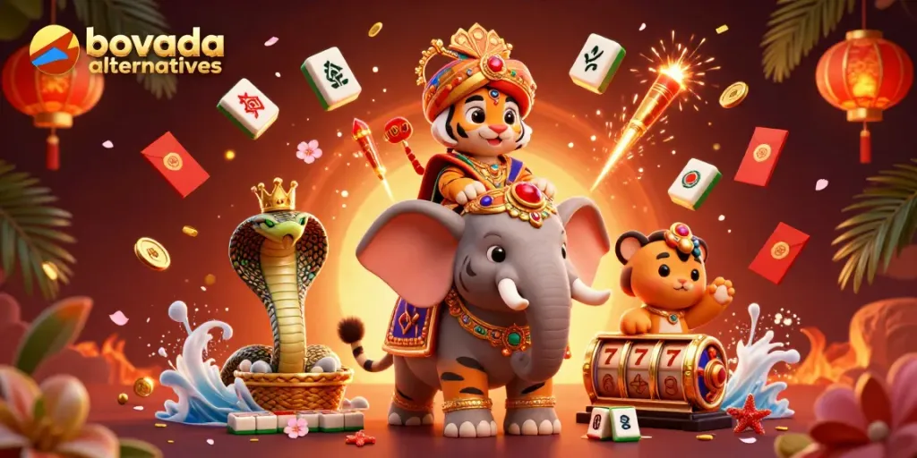 Experience thrilling bovada alternatives with vibrant casino characters and festive elements.