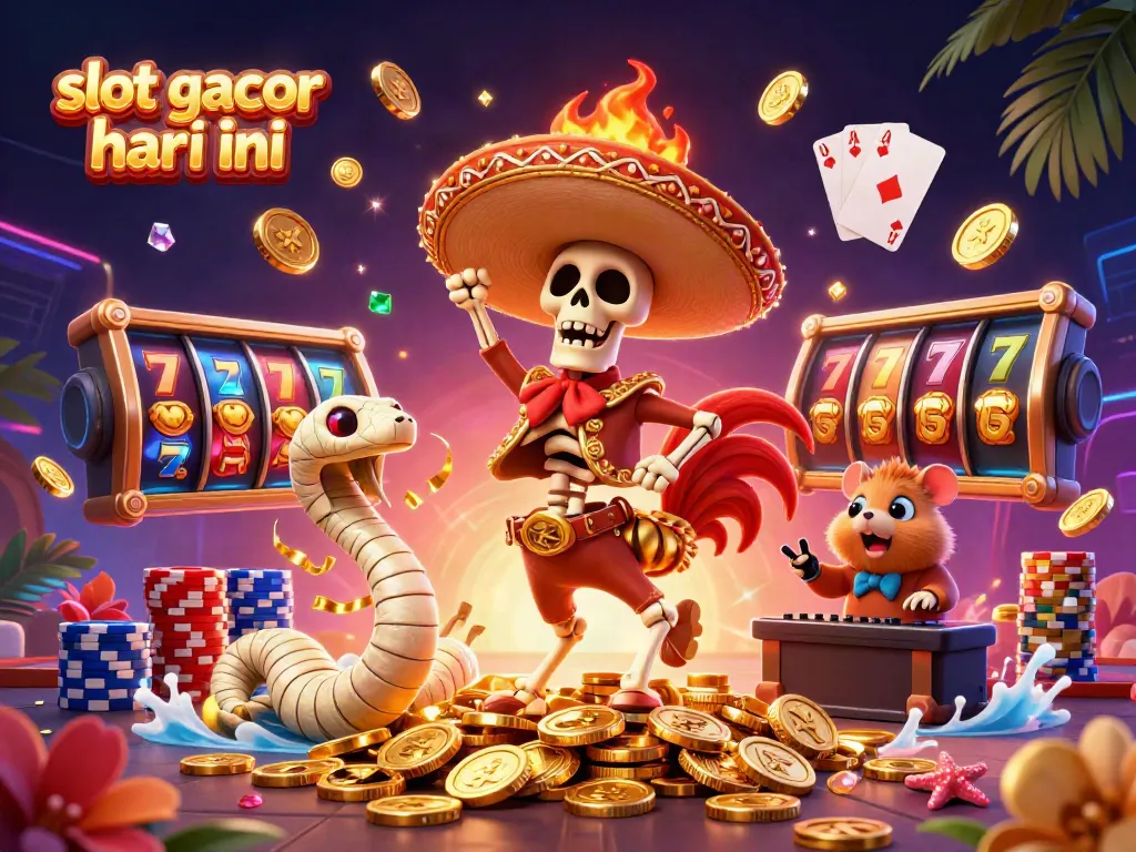 Experience exciting slot gacor hari ini with a vibrant 3D casino scene featuring animated characters and golden coins.