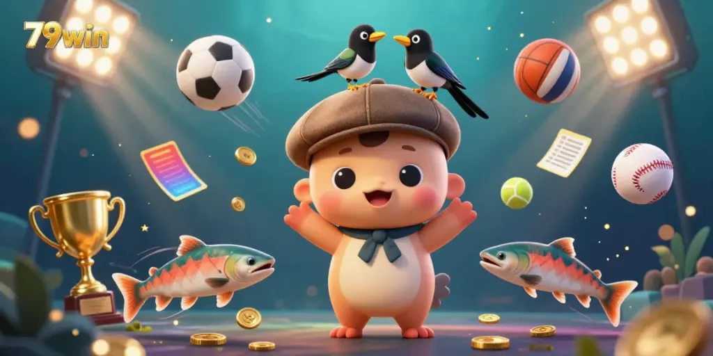 Experience the thrill of 79win with vibrant elements showcasing energetic sports gaming and charming characters in a playful atmosphere.