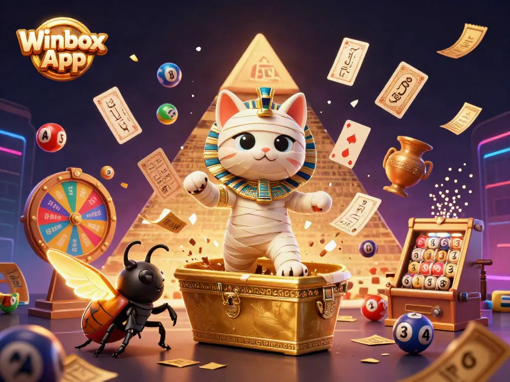 Engage with the Winbox App in a vibrant 3D casino scene featuring dynamic lottery elements.