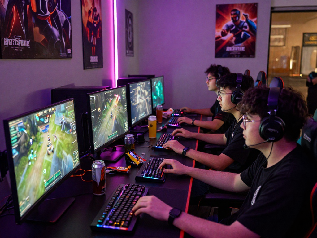 Gamers menikmati permainan multiplayer di lingkungan gaming bos88 dengan peralatan canggih.