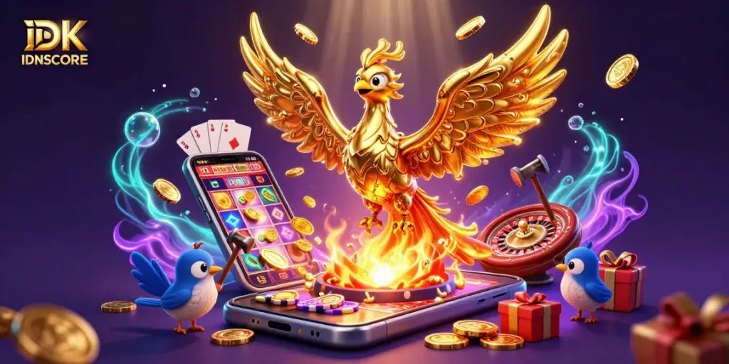 Experience IDNSCORE's thrilling phoenix-themed gaming adventure featuring dynamic slot and casino elements.