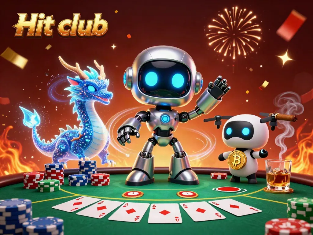 Experience thrilling action at Hit club with our cyberpunk robot, AI dragon, and bitcoin drone in a vibrant casino scene.