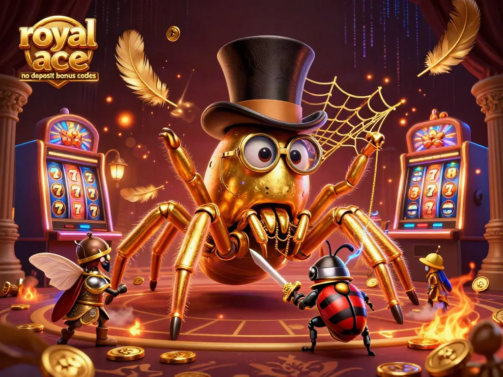 Engage with royal ace no deposit bonus codes featuring a golden tarantula, beetle knight, and vibrant slot elements.