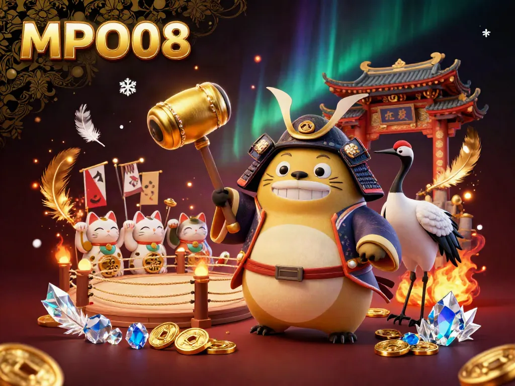 Engage in the lively world of MPO08 with a cheerful tanuki and maneki-neko cats in a colorful casino-themed illustration.