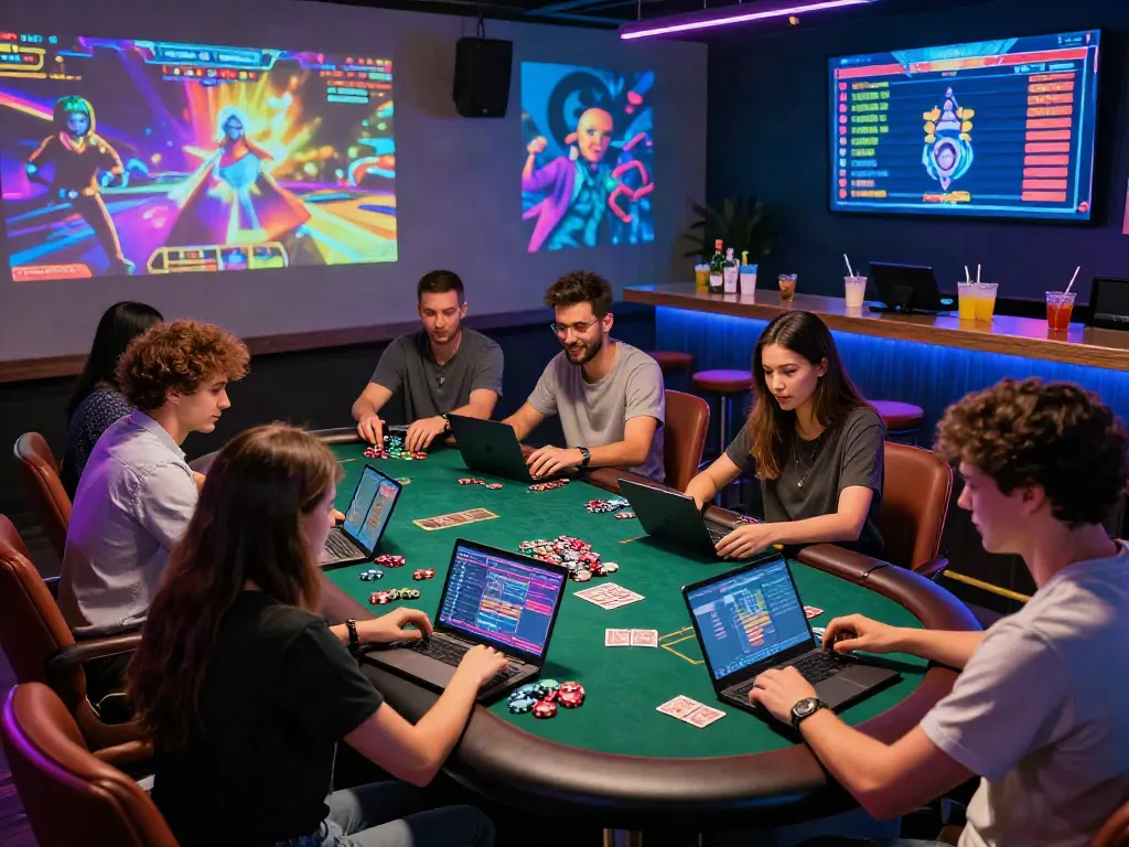Engaging QQMacan gaming scene featuring friends enjoying vibrant online casino games.
