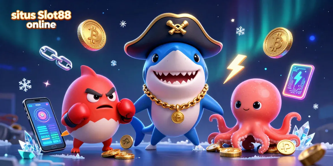 Permainan situs Slot88 online menampilkan karakter ikan hiu kartun 3D bersama pufferfish dan baby octopus, dikelilingi koin emas.