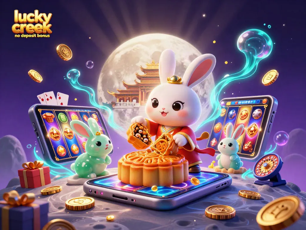 Experience the lucky creek casino no deposit bonus with festive illustrations of gaming fun and riches.
