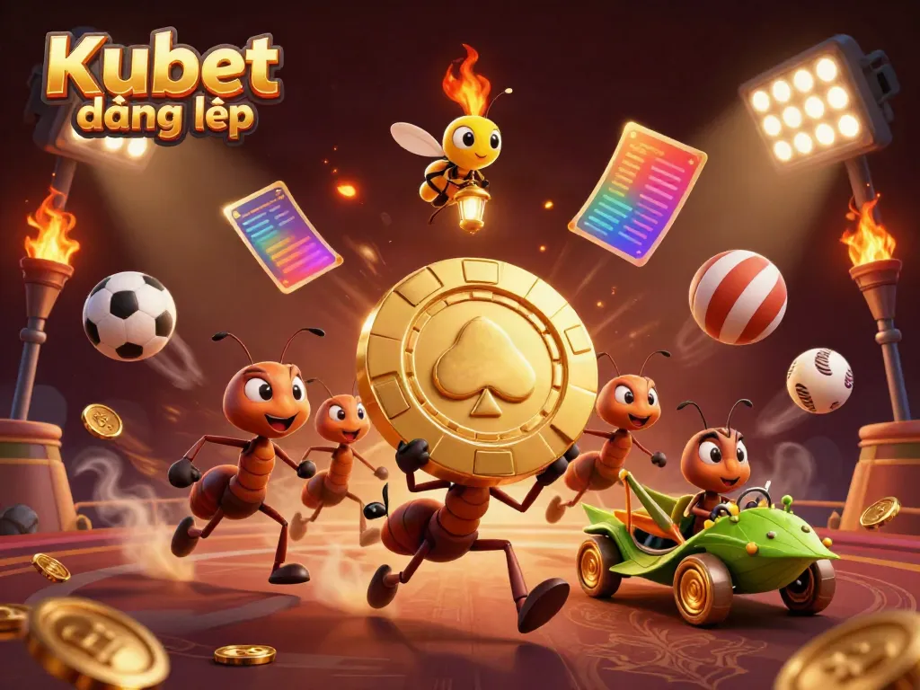 Experience the excitement of Kubet đăng nhập with a whimsical heist scene featuring ants, poker chips, and sports elements.