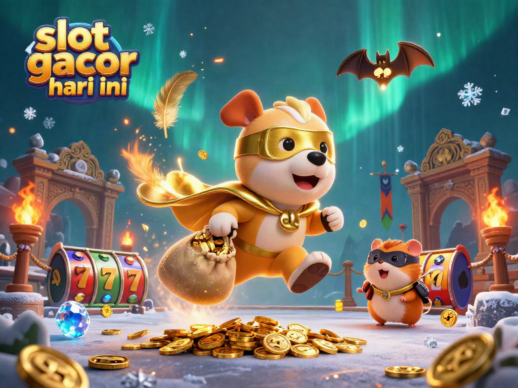 Engage with slot gacor hari ini, featuring a superhero dog and hamster in a vibrant casino scene