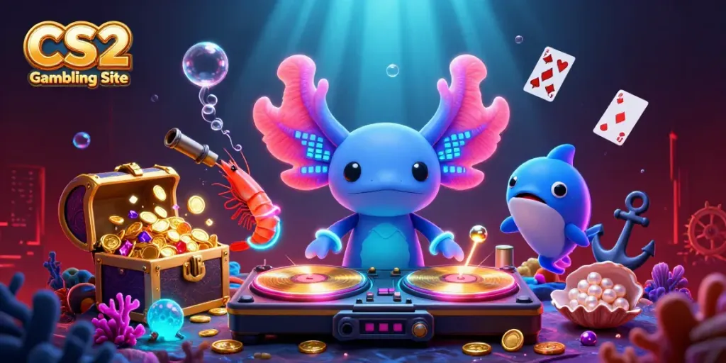 Vibrant CS2 Gambling Site scene with a neon axolotl DJ, dancing shrimp, and underwater treasures.
