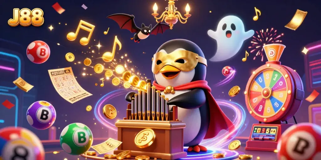 Experience the thrill at J88 with a dynamic 3D scene of a penguin organist and casino elements.