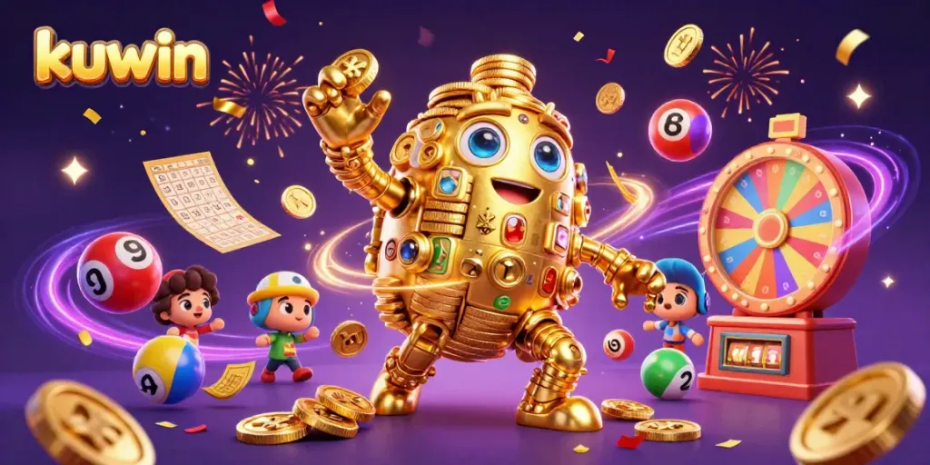 Kuwin showcases an exciting gaming scene with a golden golem and lively gaming elements, celebrating wins.