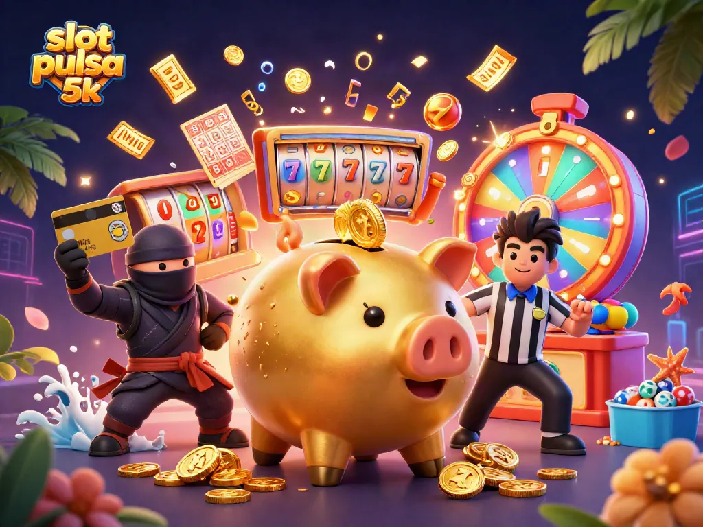 Winning with slot pulsa 5k in dynamic casino scenes featuring colorful slot reels and lively characters.