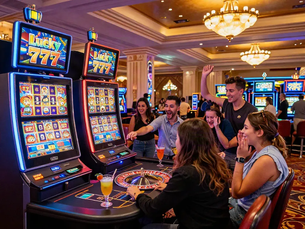 Excited friends playing Lucky777 slot machine in a vibrant casino scene.