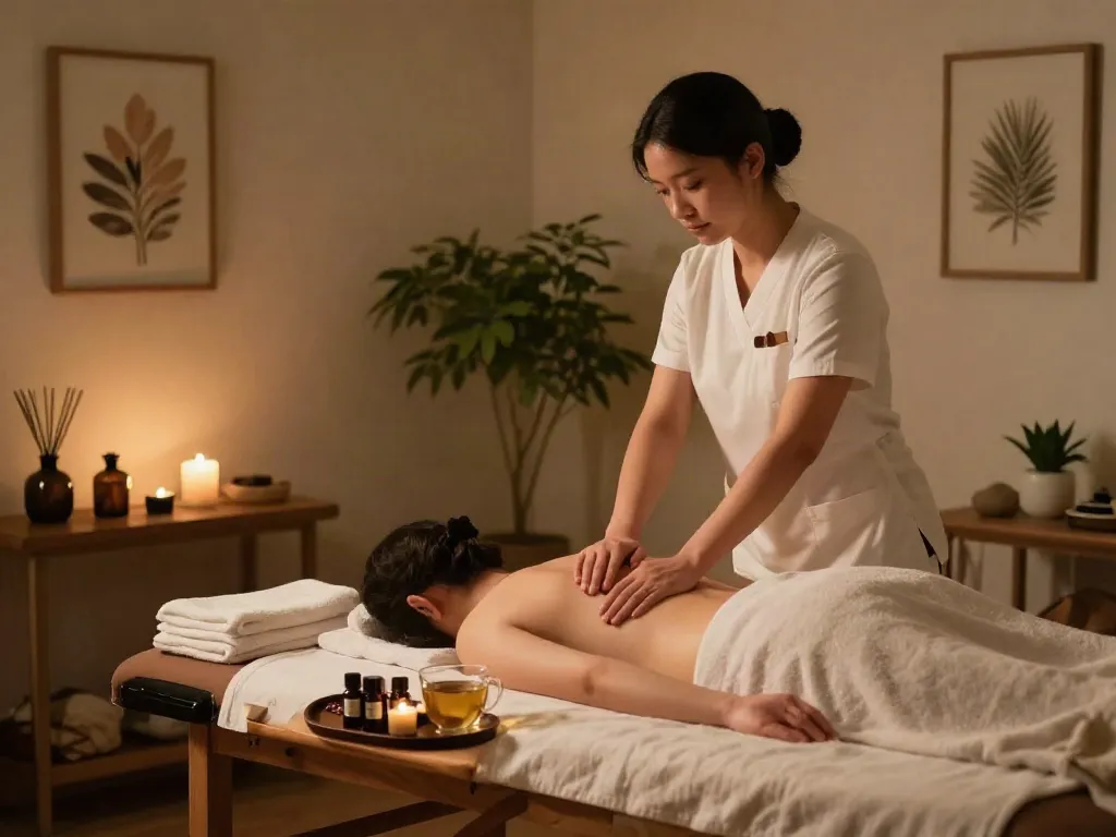 Serene wellness studio for 성북구출장마사지 with calming decor and essential oils.
