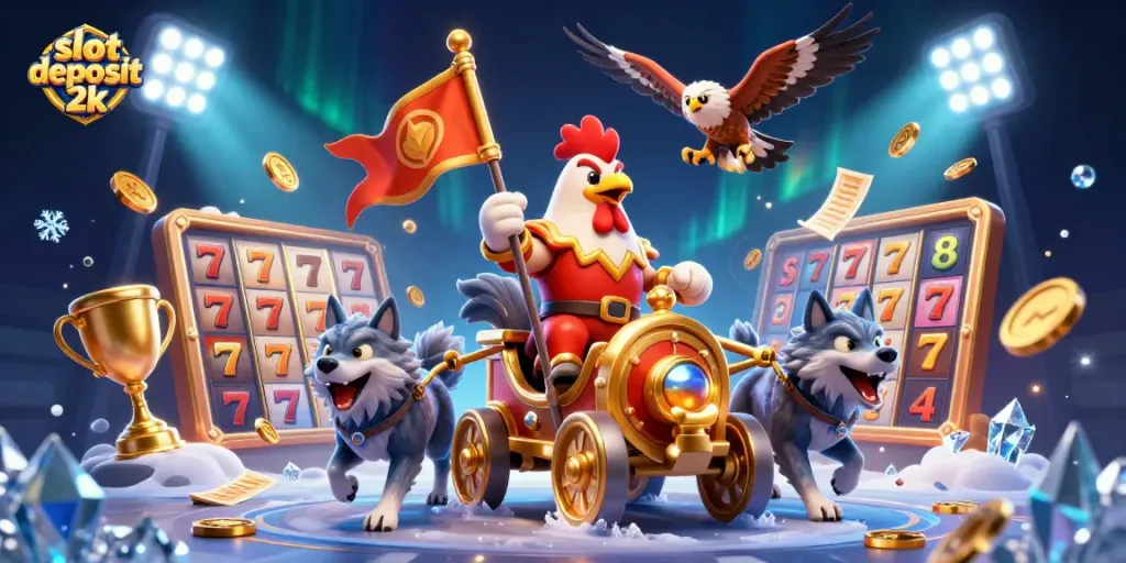 Spin to win with slot deposit 2k: dynamic illustration of a rooster warlord in a casino setting.