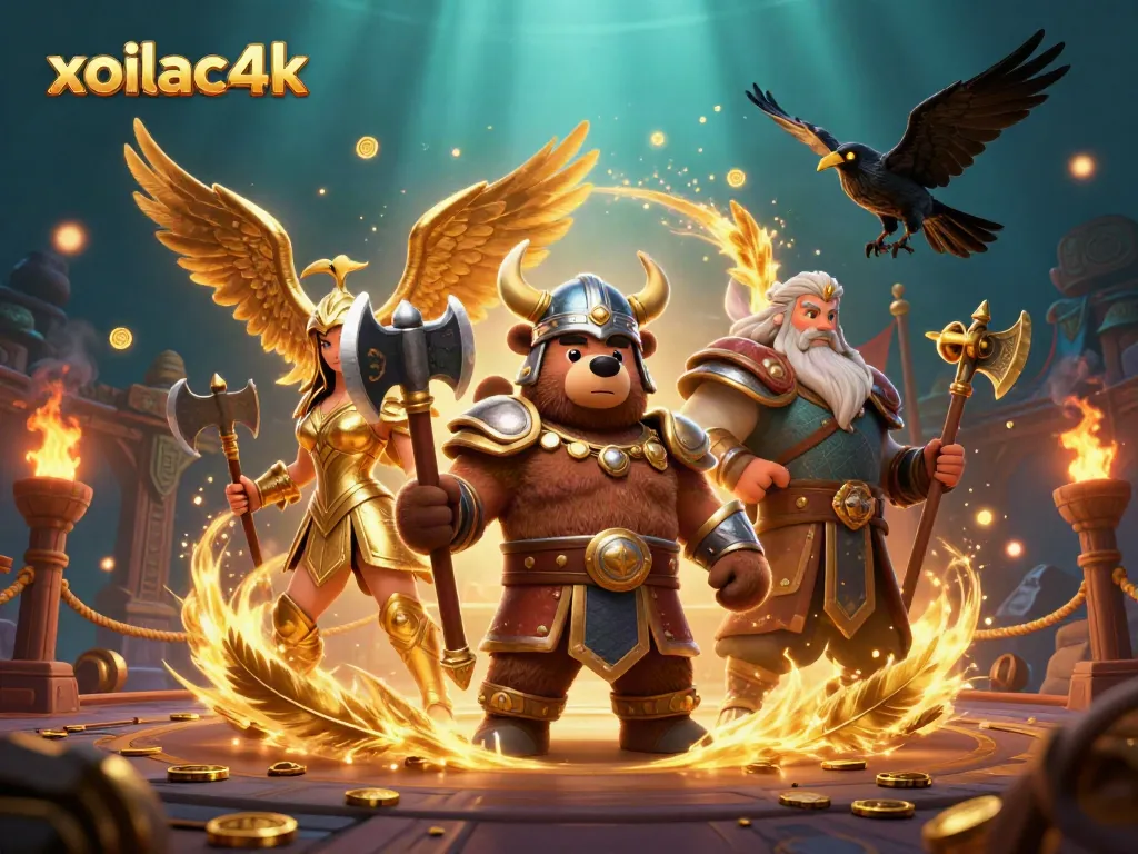 Engage in thrilling gameplay with xoilac4k as the Viking bear and Valkyrie eagle battle in a vibrant arena.