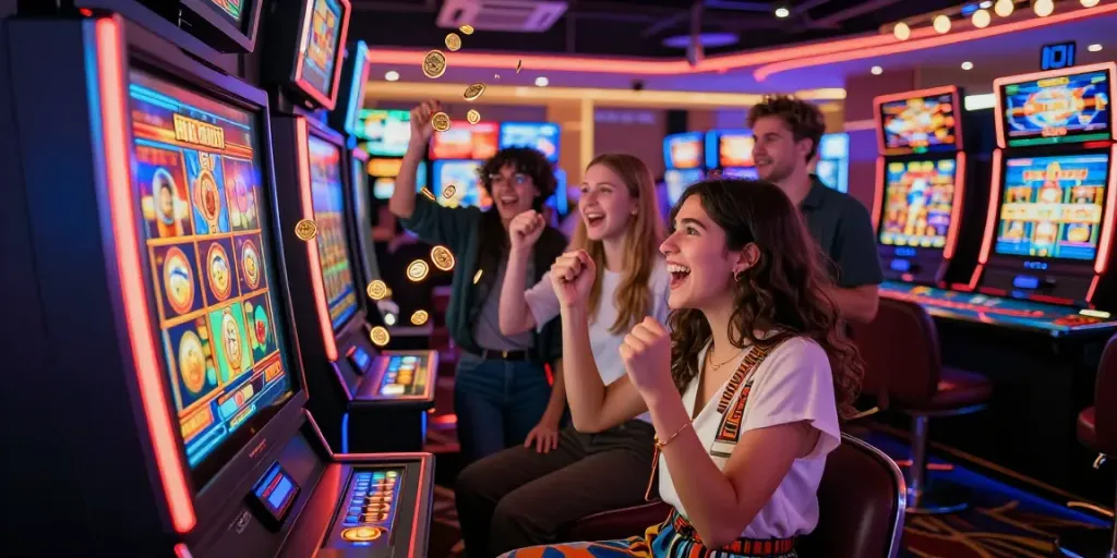 Excited players celebrate a big slot jackpot win at a vibrant casino, showcasing lively gaming atmosphere.