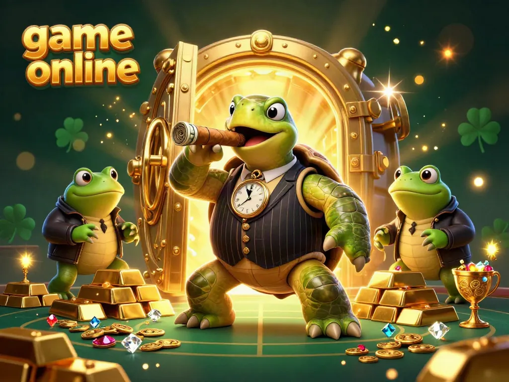 Experience game online with a 3D cartoon snapping turtle in a casino scene overflowing with treasures.