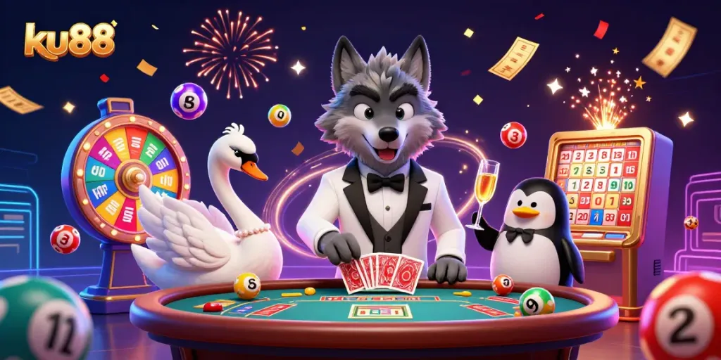 Experience thrilling games at ku88 with a dazzling casino scene featuring vibrant lottery elements and engaging characters.