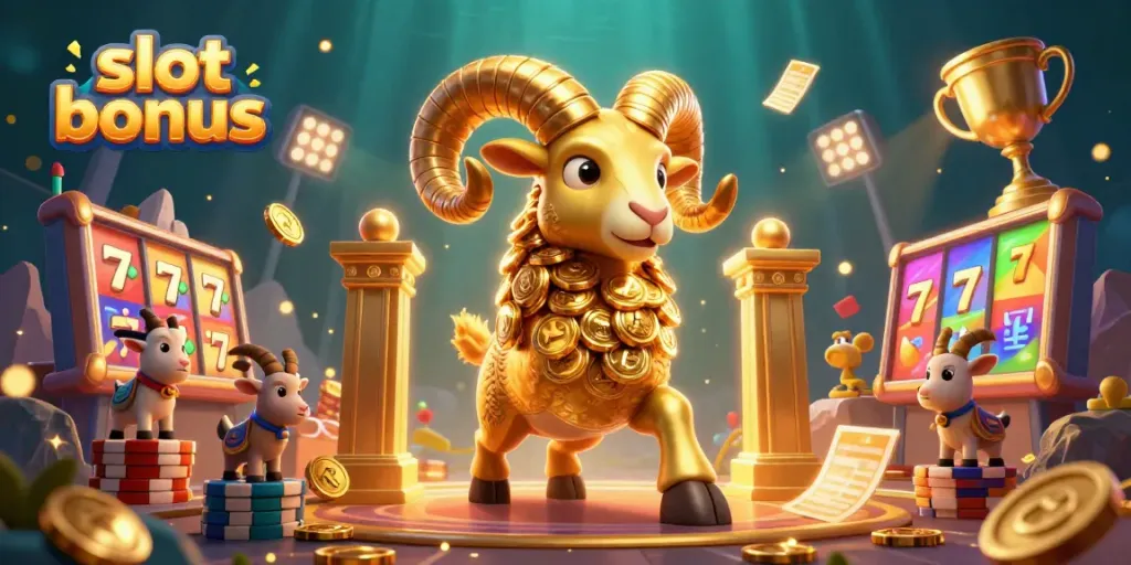 Experience winning excitement with immersive slot bonus action featuring golden ram and gaming elements.
