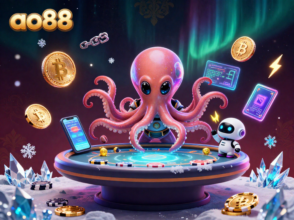 Spin and win with ao88's alien octopus at a holographic poker table amidst vibrant space elements