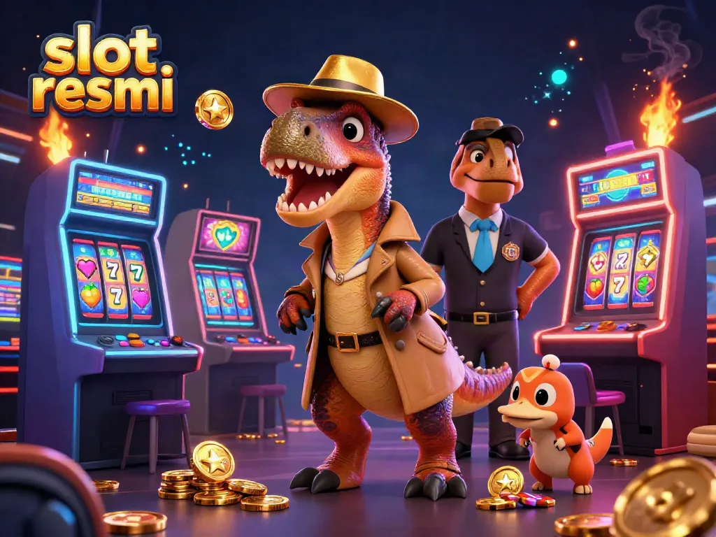 Visualize a thrilling casino scene with slot resmi elements as a velociraptor card counter engages at a machine.