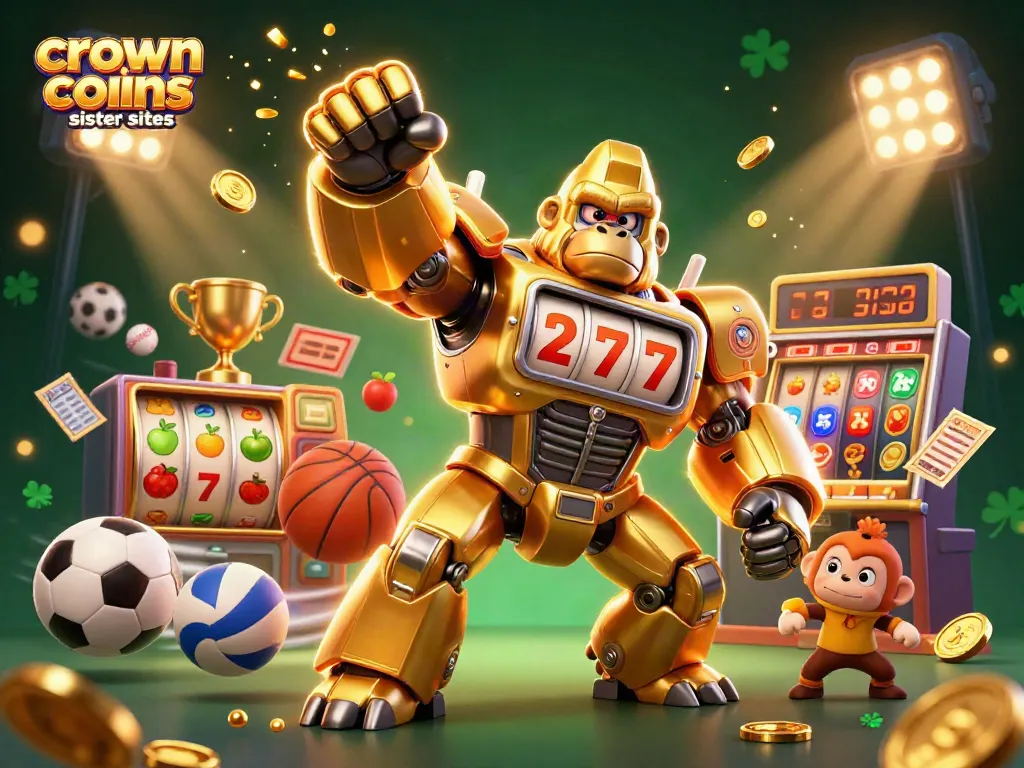Crown coins casino sister sites reveal vibrant 3D gaming adventure with a golden gorilla mech and rich casino elements.