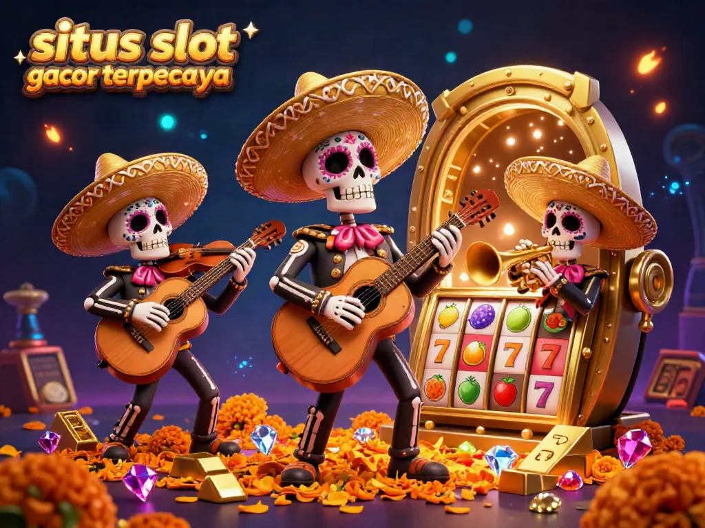Experience thrilling action at situs slot gacor terpercaya with a vibrant 3D illustration of a mariachi band celebrating amidst slot machines.