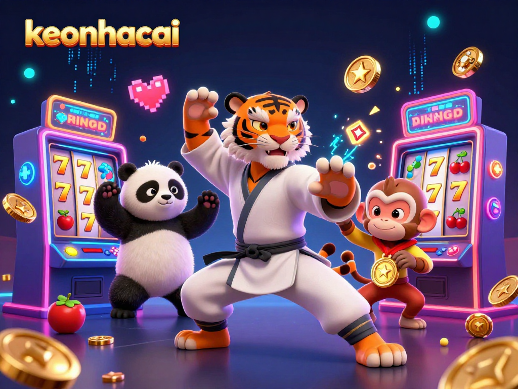 Engage with keonhacai's vibrant casino scene featuring a kung fu tiger master and playful characters.