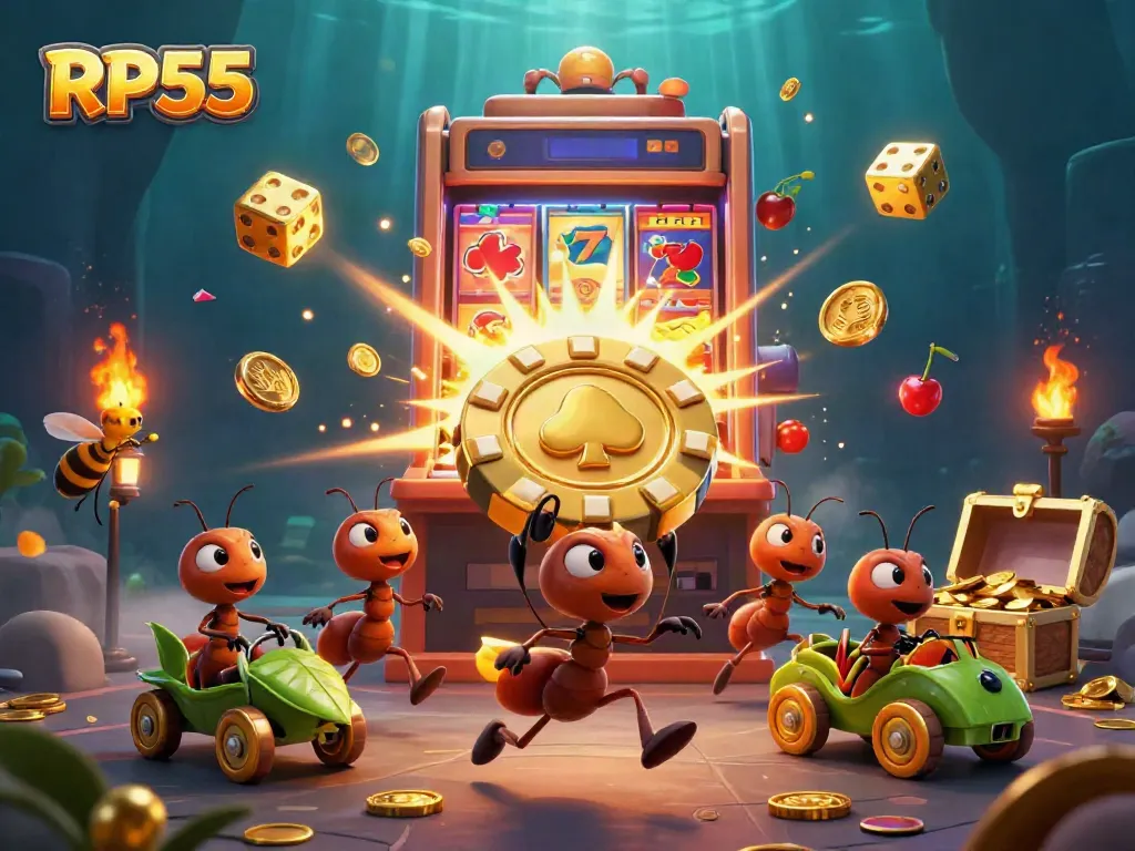 RP55 ants heist in casino illustration with golden poker chip, vibrant slot machine explosion and whimsical characters.