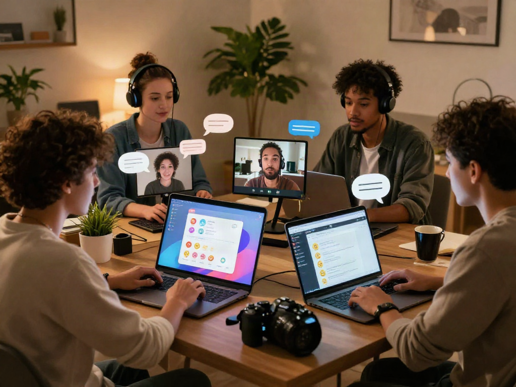 Engaging scene of diverse users in a cozy chat room enjoying sex AI chat interaction.