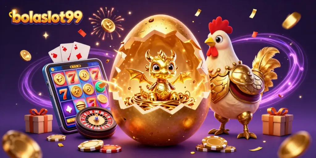 Bolaslot99 showcases a golden dragon in a casino-themed illustration surrounded by slots and poker elements.