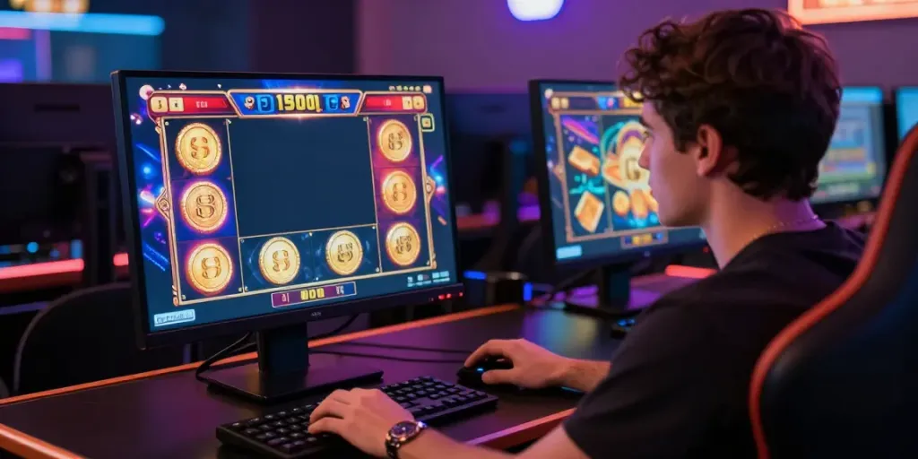 Player engaging with a slot game in a vibrant online casino setting, highlighting the excitement of สล็อต.