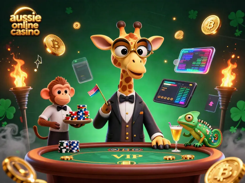 Experience the excitement of aussie online casino with a 3D giraffe playing poker amidst crypto elements.
