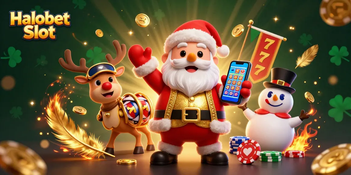 Spin the Halobet Slot reels with Santa and friends amidst casino excitement.